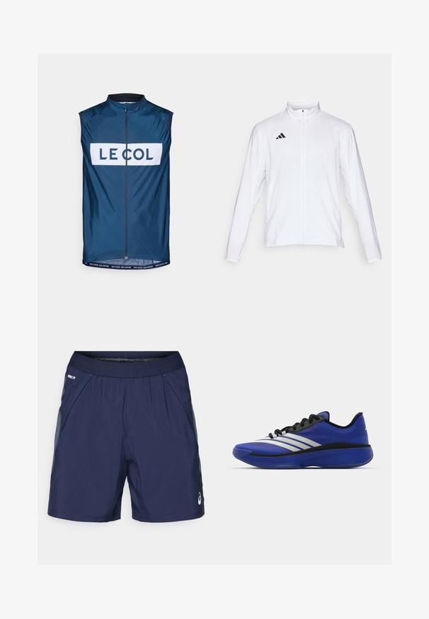 Casaco atlético branco com mangas longas, gola alta e fecho de correr completo. Apresenta o logo preto de três riscas no lado superior esquerdo.; Gilet de ciclismo azul-marinho com gola alta, fecho de correr completo e um grande logo branco. Leve, de textura suave e design sem mangas.; Calções atléticos azul-marinho com cintura elástica, bolsos laterais e detalhes em cinza claro. Feitos de um tecido leve e suave para maior conforto.; adidas Performance ADIZERO SELECT 3.0 - Sapatilhas de basquetebol - lucid blue/core black/metallic