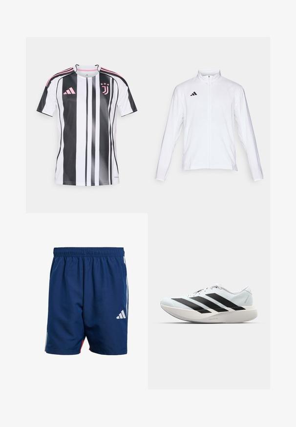 White athletic jacket with long sleeves, high collar, and full-length zipper. Features black three-stripe logo on the upper left side.; Juventus football jersey with vertical black and white stripes, pink accents on sleeves and logo, made of lightweight, breathable material.; Navy blue athletic shorts with an elastic waistband, side white stripes, and a small white logo on the lower left leg. Lightweight material.; Lightweight running shoes in pale blue with black stripes. Features a smooth upper, round toe, and thick white midsole labeled "LIGHTSTRIKE PRO."