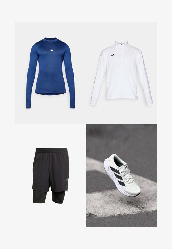 White athletic jacket with long sleeves, high collar, and full-length zipper. Features black three-stripe logo on the upper left side.; Long-sleeve athletic shirt in dark blue, made of moisture-wicking fabric. Features a round neck and a small white logo on the chest.; Black athletic shorts with integrated inner layer, made from breathable fabric. Features subtle logo and structured texture. Adjustable waistband.; White athletic shoe with textured mesh upper, black stripes, lace closure, and a cushioned sole, levitating above a marked road surface.