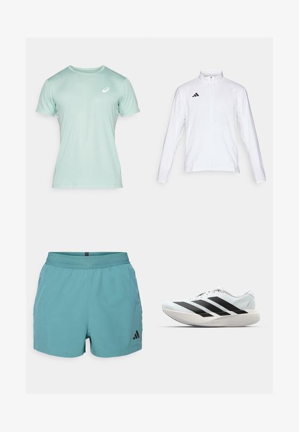 Hvit sportsjakke med lange ermer, høy krage og hel glidelås. Har svart tre-stripes logo på øvre venstre side.; ASICS CORE TOP - T-skjorte til trening - light celadon; Teal treningsshorts med teksturert midje, sidelommer og svart Adidas-logo nederst til høyre. Lett materiale.; Lette løpesko i lys blå med svarte striper. Har en myk overdel, rund tå og tykk hvit mellomsole merket "LIGHTSTRIKE PRO."