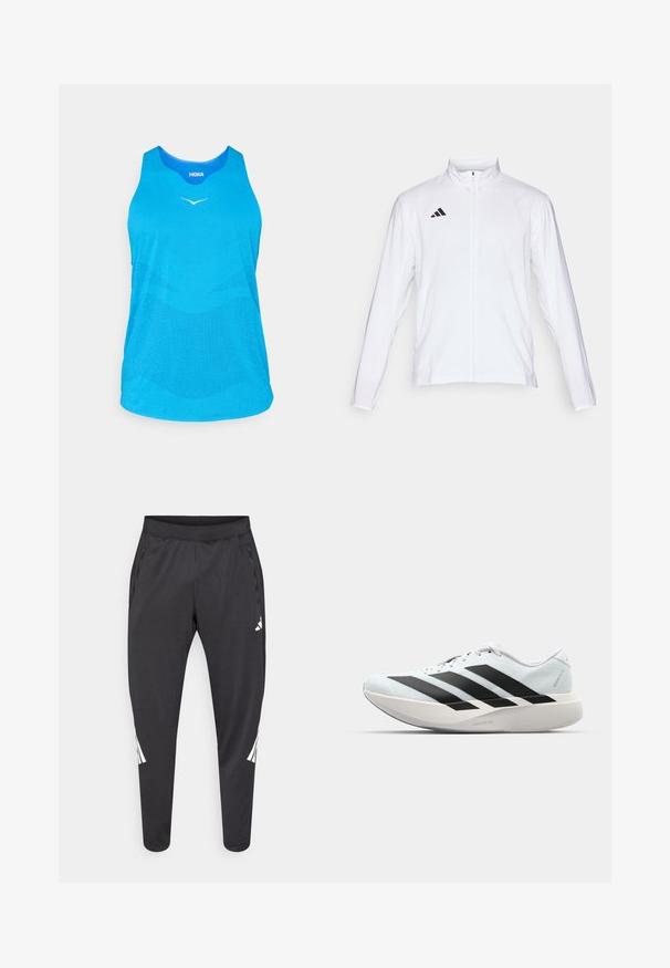 Valge sportlik jakk pikkade varrukatega, kõrge krae ja täispikk lukuga. Omab musta kolme triibu logo vasakul ülal.; Sinine sportlik tank top, mis on valmistatud hingavast võrkkangast, ümmarguse kaelusega, ilma varrukateta ja peene valge logoga ees.; Mustad spordipüksid kitsenevate säärtega, kummipaelaga vöökohal, küljetaskutega ning valge logoga ja triipudega. Valmistatud siledast, kerge kaaluga materjalist.; Kerged jooksujalatsid helesinises värvuses mustade triipudega. Omavad siledat pealispinda, ümarat varvase osa ja paksu valget vahemõõtu, millel on silt "LIGHTSTRIKE PRO".