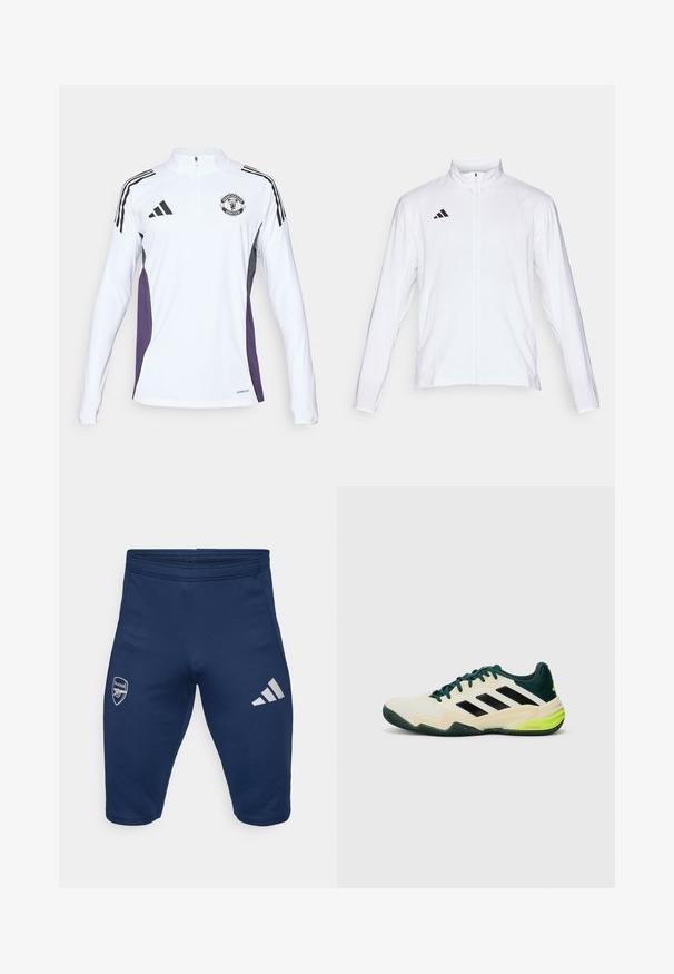Biała sportowa kurtka z długimi rękawami, wysokim kołnierzem i pełnym zamkiem błyskawicznym. Posiada czarną logo z trzema paskami po lewej stronie u góry.; Biała koszulka treningowa z długim rękawem, z półzamkiem, czarnymi paskami, fioletowymi panelami po bokach oraz logo Manchester United na piersiach.; Granatowe spodenki sportowe z elastycznego materiału, z logo Arsenalu na lewej nogawce i trzema białymi paskami Adidas na prawej nogawce.; Buty tenisowe z kremowym wierzchem, czarnymi paskami, zielonymi akcentami oraz teksturowaną gumową podeszwą dla lepszej przyczepności. Wykonane z materiałów syntetycznych.