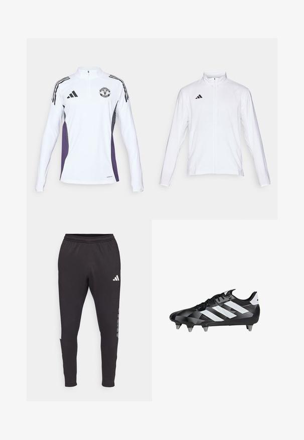 Biela atletická bunda s dlhými rukávmi, vysokým golierom a plným zipsom. Na hornej ľavej strane sa nachádza čierne logo s troma pruhmi.; Biela tréningová košeľa s dlhým rukávom a polovičným zipsom, čierne pruhy, fialové bočné panely a logo Manchester United na hrudi.; Čierne športové nohavice s elastickým pásom, zdobené bielym logom Adidas a bočnými akcentmi. Hladká tkanina s zúženým strihom.; Čierne a šedé futbalové kopačky s tromi bielymi pruhmi, vzorovaným zvrškom, čiernymi šnúrkami a šiestimi striebornými hrotmi na čiernej podrážke.