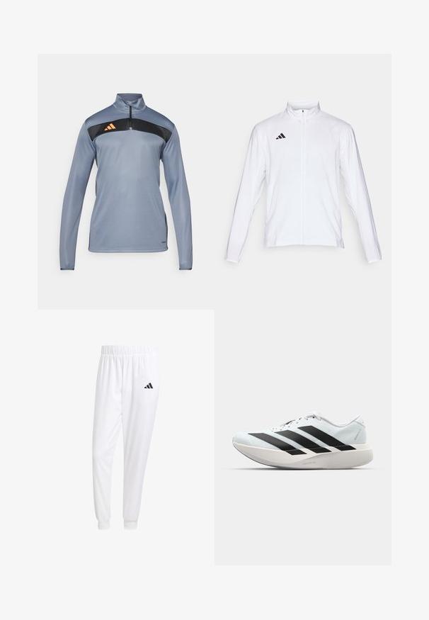 Λευκό αθλητικό μπουφάν με μακριά μανίκια, ψηλό γιακά και φερμουάρ σε όλο το μήκος. Περιέχει το μαύρο λογότυπο με τρεις λωρίδες στην πάνω αριστερή πλευρά.; Γκρι αθλητικός πόλο με μισό φερμουάρ, μαύρη πάνελ διαγωνίως στο στήθος και πορτοκαλί ριγέ λογότυπο. Λείος υφασμάτινος χαρακτήρας και μακριά μανίκια.; Λευκά αθλητικά παντελόνια από λείο ύφασμα, με ελαστική μέση και εφαρμοστά μανίκια, που διαθέτουν ένα μαύρο λογότυπο στην πίσω τσέπη.; Ελαφριά αθλητικά παπούτσια τρεξίματος σε ανοιχτό μπλε με μαύρες ρίγες. Διαθέτουν λείο άνω μέρος, στρογγυλή μύτη και παχύ λευκό ενδιάμεσο πέλμα που φέρει την ετικέτα "LIGHTSTRIKE PRO."