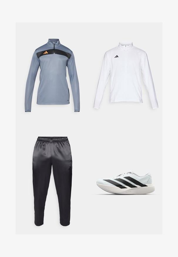 Bílá sportovní bunda s dlouhými rukávy, vysokým límcem a zipem po celé délce. Na horní levé straně je umístěno logo se třemi černými pruhy.; Šedý sportovní pulovr s půlzipem, černý panel přes hrudník a oranžový pruhovaný logo. Hladký materiál a dlouhé rukávy.; Černé sportovní kalhoty z hladké, lehké látky s elastickým pasem. Obsahují malé logo na levé straně a zúžené nohavice.; Lehké běžecké boty v světle modré barvě s černými pruhy. Mají hladký svršek, kulatou špičku a silnou bílou mezipodešev označenou "LIGHTSTRIKE PRO."