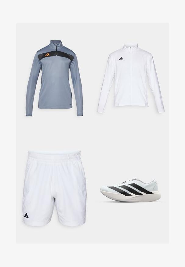 Balta sporta jaka ar garām piedurknēm, augstu apkakli un pilna garuma rāvējslēdzēju. Uz augšējās kreisās puses ir melna trīslīniju logo.; Pelēks sportisks puloveris ar pusi rāvējslēdzēja, melna paneļa krūtīs un oranžām svītrām logotipā. Gluda tekstūra un garas piedurknes.; Baltas sporta šorts ar elastīgu jostu, ar teksturētu audumu un melnu Adidas logo apakšējā kreisajā stūrī.; Gaiši zili vieglie skriešanas apavi ar melniem svītrainiem. Iezīmēti ar gludu augšpusi, apaļu purngalu un biezāko balto vidējo zoli, kurā ir uzraksts "LIGHTSTRIKE PRO."
