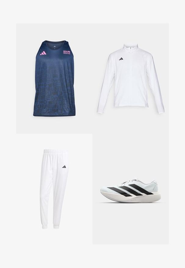 Giacca atletica bianca con maniche lunghe, colletto alto e zip lungo. Presenta il logo nero a tre strisce sul lato sinistro superiore.; adidas Performance BER25 TANK - Top - collegiate navy; Pantaloni sportivi bianchi realizzati in tessuto liscio, con una vita elasticizzata e polsini aderenti, dotati di un logo nero sulla tasca posteriore.; Scarpe da corsa leggere di colore azzurro pallido con strisce nere. Presentano una tomaia liscia, punta rotonda e un'ampia intersuola bianca etichettata "LIGHTSTRIKE PRO."