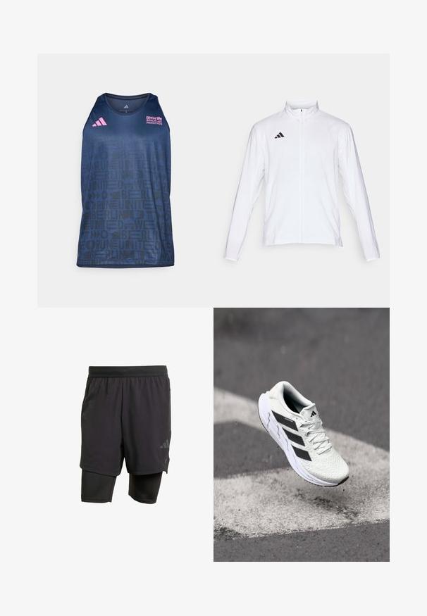 Giacca atletica bianca con maniche lunghe, colletto alto e zip lungo. Presenta il logo nero a tre strisce sul lato sinistro superiore.; adidas Performance BER25 TANK - Top - collegiate navy; Pantaloni sportivi neri con strato interno integrato, realizzati in tessuto traspirante. Presentano un logo discreto e una texture strutturata. Vita regolabile.; Scarpa sportiva bianca con tomaia in rete testurizzata, strisce nere, chiusura con lacci e suola ammortizzata, che levita sopra una superficie stradale segnata.