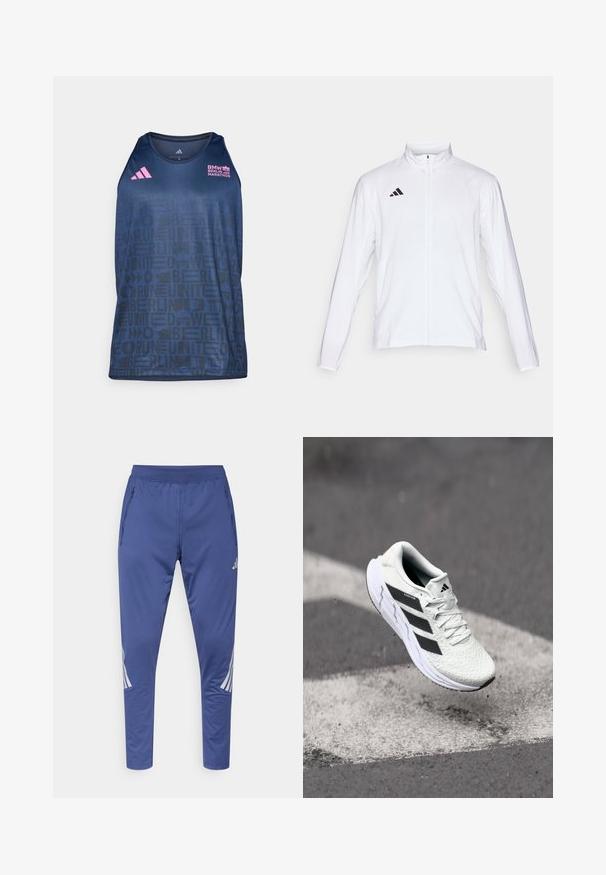 Giacca atletica bianca con maniche lunghe, colletto alto e zip lungo. Presenta il logo nero a tre strisce sul lato sinistro superiore.; adidas Performance BER25 TANK - Top - collegiate navy; Pantaloni sportivi blu con vita elastica, tasche laterali con cerniera e strisce diagonali bianche sui lati. Realizzati in materiale liscio e leggero.; Scarpa sportiva bianca con tomaia in rete testurizzata, strisce nere, chiusura con lacci e suola ammortizzata, che levita sopra una superficie stradale segnata.