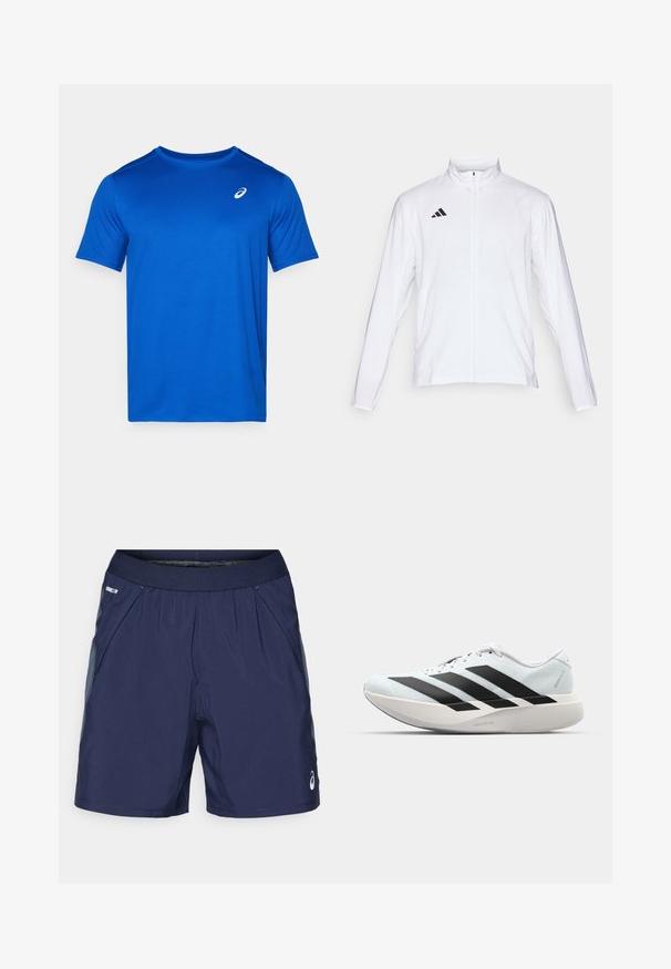 Bela atletska jakna z dolgimi rokavi, visokim ovratnikom in popolnim zadrgo. Ima črn logotip s tremi črtami na zgornji levi strani.; Modra kratkohlačasta majica z kratkimi rokavi, narejena iz lahkotnega materiala. Ima okroglo izrezan ovratnik in majhen bel logotip na prsih. Gladka tekstura.; Morsko modri športni kratki hlače z elastičnim pasom, stranskimi žepi in svetlo sivo obrobo. Narejene so iz lahkega, gladkega materiala za udobje.; Lahki tekaški čevlji v svetlo modri barvi z belimi črtami. Imajo gladek zgornji del, okroglo kapico in debel bel srednji podplat z označbo "LIGHTSTRIKE PRO."