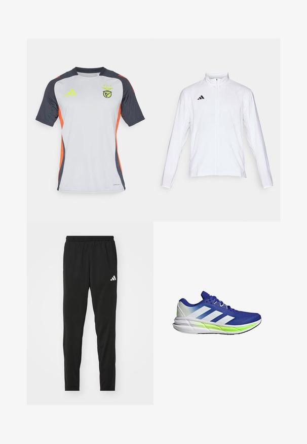 Biela atletická bunda s dlhými rukávmi, vysokým golierom a plným zipsom. Na hornej ľavej strane sa nachádza čierne logo s troma pruhmi.; adidas Performance BENFICA LISSABON TRAINING JERSEY - Klubové oblečenie - light solid grey/semi solar red; Čierne atletické nohavice s elastickým pásom, zúženým strihom a bielym logom Adidas na ľavom stehne. Hladká, ľahká tkanina.; Modrá atletická obuv s bielymi akcentmi, sieťovým zvrškom a polstrovanou podrážkou, ktorá je zvýraznená neonovo zeleným pruhom. Má zakrivený dizajn.