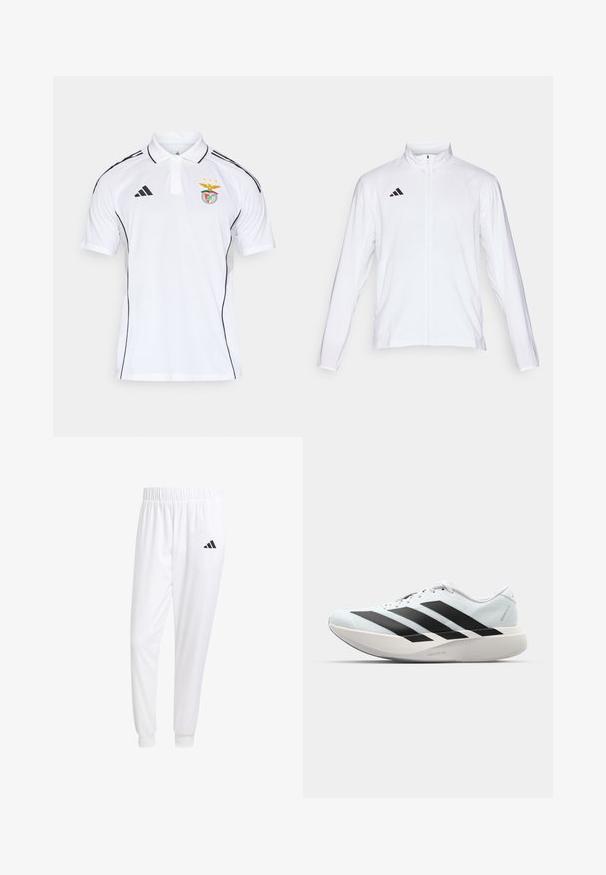 Casaco atlético branco com mangas longas, gola alta e fecho de correr completo. Apresenta o logo preto de três riscas no lado superior esquerdo.; Polo branca com riscas pretas, apresentando um colarinho com botões e o logótipo bordado do clube com detalhes em dourado no peito.; Calças esportivas brancas feitas de tecido suave, com uma cintura elástica e punhos ajustados, apresentando um logo preto no bolso de trás.; Tênis de corrida leves em azul pálido com riscas pretas. Apresentam um cabedal liso, bico redondo e uma entressola espessa branca rotulada como "LIGHTSTRIKE PRO."