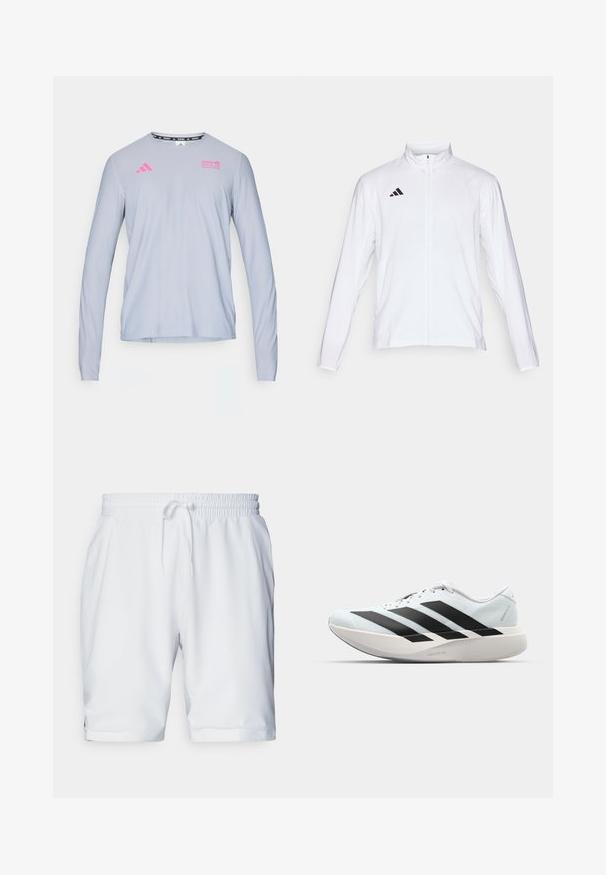 Fehér sportdzseki hosszú ujjal, magas gallérral és teljes hosszúságú cipzárral. A bal felső oldalon fekete háromcsíkos logó található.; adidas Performance BER25 OTR LS TEE - Hosszú ujjú felső - halo silver-coloured; Fehér sportnadrág elasztikus derékkal és állítható zsinórral. Simaszerű anyag finom textúrával, oldalirányú zsebekkel.; Világoskék, fekete csíkos könnyű futószerek. Simább felső résszel, kerek orral és vastag fehér középtalppal, amelyen a "LIGHTSTRIKE PRO" felirat olvasható.