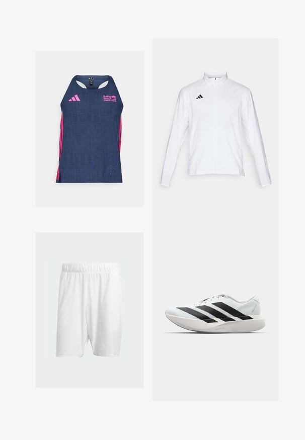 Weiße Sportjacke mit langen Ärmeln, hohem Kragen und durchgehendem Reißverschluss. Mit schwarzem Drei-Streifen-Logo auf der oberen linken Seite.; adidas Performance BER25 SINGLET - Top - collegiate navy; Weiße Sportshorts aus leichtem Material, mit elastischem Bund, glatter Textur und knielangem Schnitt.; Leichte Laufschuhe in hellblau mit schwarzen Streifen. Sie verfügen über ein glattes Obermaterial, eine runde Zehenpartie und eine dicke weiße Zwischensohle, die mit "LIGHTSTRIKE PRO" beschriftet ist.