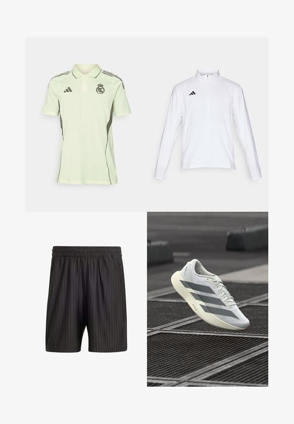 White athletic jacket with long sleeves, high collar, and full-length zipper. Features black three-stripe logo on the upper left side.; Light green polo shirt with short sleeves, black accents, and logo on the chest. Features a collar and three-button placket.; Black shorts with an elastic waistband, featuring vertical pinstripes and a lightweight, textured fabric. Mid-thigh length.; White athletic shoe with a textured mesh upper, featuring grey stripes and a cushioned sole. Lightweight design suitable for running.