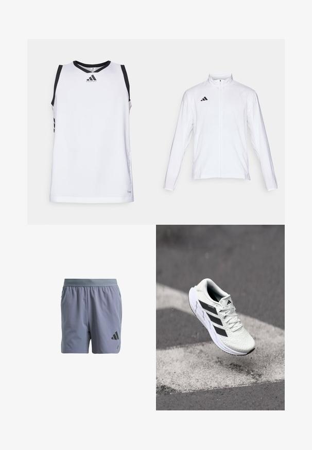 Vit sportjacka med långa ärmar, hög krage och hel dragkedja. Har en svart logotyp med tre ränder på övre vänstra sidan.; Vit baskettröja med svart krage och axeldetaljer, med en logotyp på bröstet och tre svarta ränder på varje sida.; Grå idrottsshorts med resårmidja, texturerat tyg, sidofickor och en svart logotyp på nedre vänstra benet.; Vitt sportskor med strukturerad mesh-överkant, svarta ränder, snörning och en dämpad sula, svävande över en markerad väg.