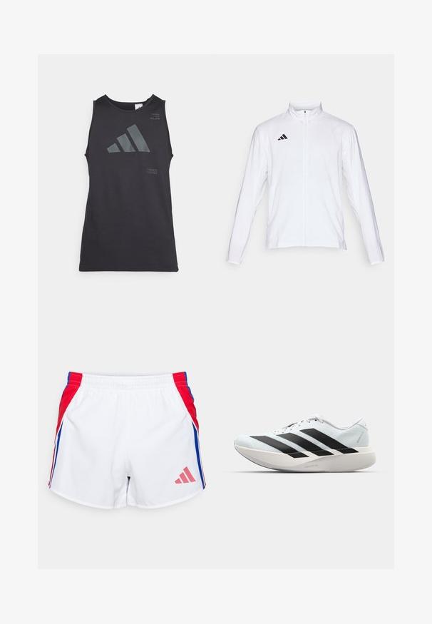 Witte sportjack met lange mouwen, hoge kraag en volledige ritssluiting. Kenmerkt zich door het zwarte drie-streepjeslogo aan de bovenkant aan de linkerkant.; Zwarte mouwloze sporttop met grijs reflecterend Adidas-logo en tekstaccenten, gemaakt van gladde, lichte stof.; Witte sportshorts met rode en blauwe zijpanelen, elastische tailleband en roze Adidas-logo op de onderste voorkant. Glad stofoppervlak.; Lichte hardloopschoenen in lichtblauw met zwarte strepen. Beschikt over een soepele bovenkant, ronde neusstuk en dikke witte tussenzool met het label "LIGHTSTRIKE PRO."