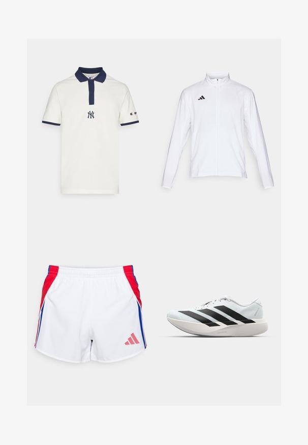 Casaco atlético branco com mangas longas, gola alta e fecho de correr completo. Apresenta o logo preto de três riscas no lado superior esquerdo.; Camisa polo creme com colarinho e punhos em azul-marinho, apresentando um logótipo NY bordado no peito e um pequeno logótipo da Champion numa das mangas.; Calções atléticos brancos com painéis laterais em vermelho e azul, cintura elástica e logótipo rosa da Adidas na parte inferior da frente. Textura de tecido suave.; Tênis de corrida leves em azul pálido com riscas pretas. Apresentam um cabedal liso, bico redondo e uma entressola espessa branca rotulada como "LIGHTSTRIKE PRO."