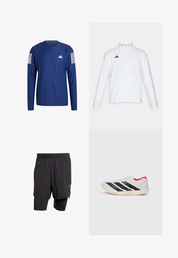 Biela atletická bunda s dlhými rukávmi, vysokým golierom a plným zipsom. Na hornej ľavej strane sa nachádza čierne logo s troma pruhmi.; Námornícka bežecká košeľa s dlhým rukávom vyrobená z textúrovanej látky, s bielymi pruhmi na pleciach a malým bielym logom na hrudi.; Čierne športové šortky s integrovanou vnútornou vrstvou, vyrobené z priedušného materiálu. Disponujú nenápadným logom a štruktúrovanou textúrou. Nastaviteľný pás.; Biele behacie topánky s čiernymi pruhmi, neonovo zelenými akcentmi a červeným podpätkom. Majú ľahkú konštrukciu a textúrovanú podrážku pre lepšiu trakciu.