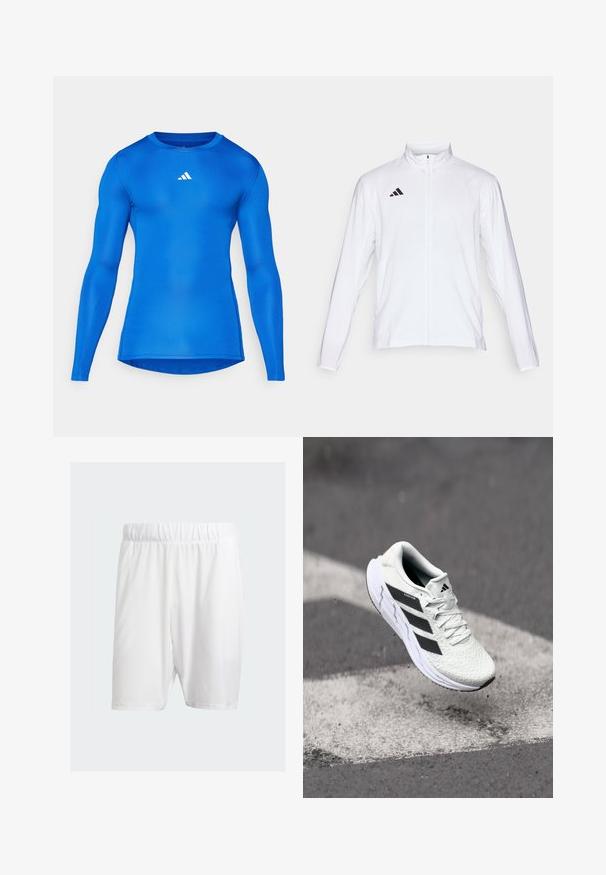 Vit sportjacka med långa ärmar, hög krage och hel dragkedja. Har en svart logotyp med tre ränder på övre vänstra sidan.; Blå långärmad träningsskjorta med en kroppsnära design, slät textur, rund halsringning och vitt Adidas-logga på den övre vänstra bröstet.; Vita atletiska shorts i lätt tyg, med elastisk midja, slät yta och knälång längd.; Vitt sportskor med strukturerad mesh-överkant, svarta ränder, snörning och en dämpad sula, svävande över en markerad väg.