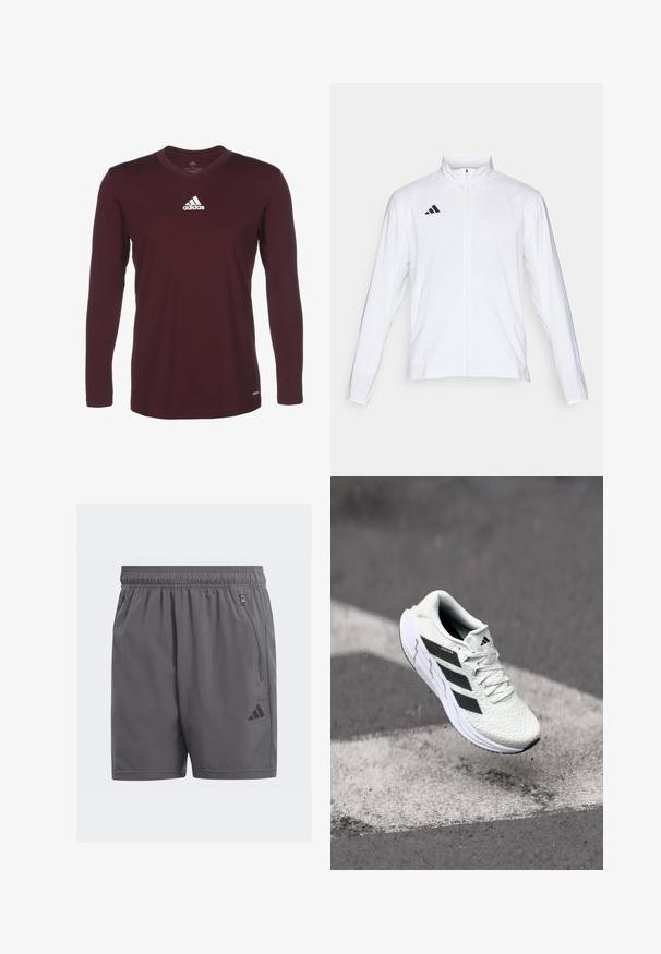 Biała sportowa kurtka z długimi rękawami, wysokim kołnierzem i pełnym zamkiem błyskawicznym. Posiada czarną logo z trzema paskami po lewej stronie u góry.; Bordowa koszula z długim rękawem i dekoltem w serek. Na górnej lewej części klatki piersiowej znajduje się białe logo Adidas. Gładka tekstura materiału.; Szare sportowe szorty z elastycznym pasem, bocznymi kieszeniami na zamek błyskawiczny i czarnym akcentem z logo. Lekkie, gładkie w dotyku, o długości do kolan.; Białe buty sportowe z teksturowaną siateczką, czarnymi paskami, z zapięciem na sznurowadła i wyściełaną podeszwą, unoszące się nad oznaczoną nawierzchnią drogi.