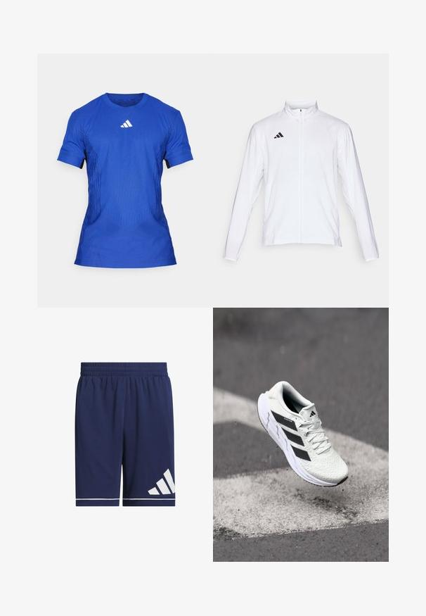 Biała sportowa kurtka z długimi rękawami, wysokim kołnierzem i pełnym zamkiem błyskawicznym. Posiada czarną logo z trzema paskami po lewej stronie u góry.; Niebieska sportowa koszulka z krótkim rękawem, z teksturowanym wzorem i czarnymi akcentami. Posiada okrągły dekolt oraz białe logo na piersi.; Granatowe szorty sportowe wykonane z lekkiego materiału, z elastycznym pasem, białymi paskami akcentującymi oraz kontrastowym białym logo po lewej stronie.; Białe buty sportowe z teksturowaną siateczką, czarnymi paskami, z zapięciem na sznurowadła i wyściełaną podeszwą, unoszące się nad oznaczoną nawierzchnią drogi.
