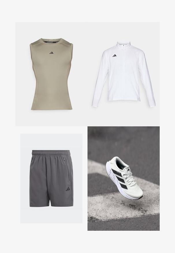 Balta sportinė striukė ilgomis rankovėmis, aukštu kaklu ir pilnu užtrauktuku. Viršutiniame kairiajame kampe yra juodas trijų juostelių logotipas.; Beleduvės, prigludusi sportinė maikutė iš šviesiai smėlio spalvos audinio. Savybėmis išsiskiria lygiais siūlais, suapvalintu iškirpimu ir juodu logotipu krūtinėje.; Pilkos sportinės šortai su elastinga juostele, šoninėmis užtrauktukų kišenėmis ir juodu logotipo akcentu. Lengvas, lygus tekstūra ir kelių ilgio.; Balti sportiniai batai su tekstūruota tinkleliu viršuje, juodomis juostelėmis, su raištelių uždarymu ir paminkštintu padu, kabo virš pažymėtos kelio dangos.