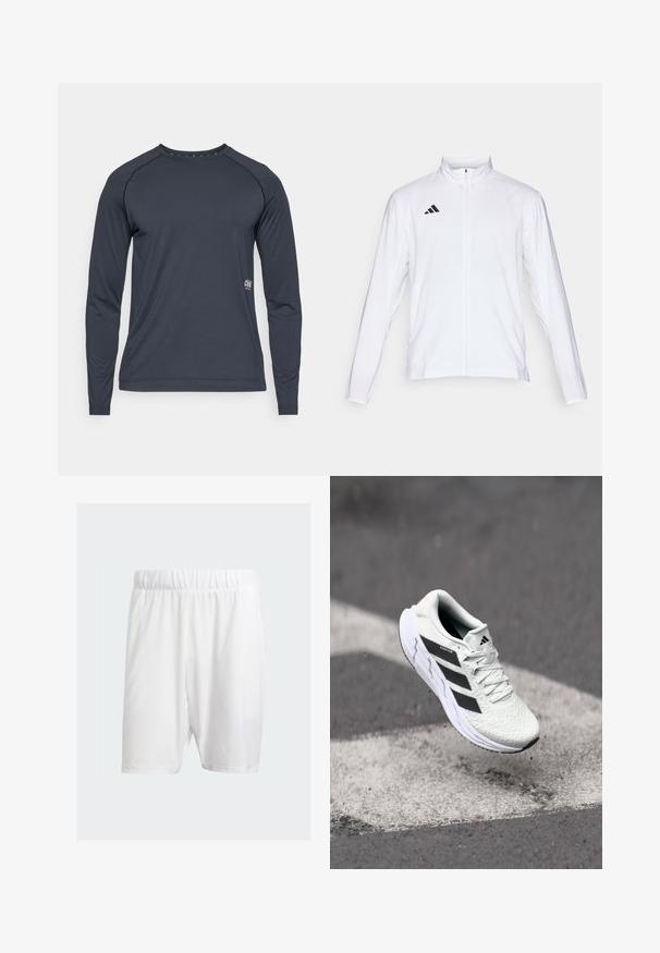 Casaco atlético branco com mangas longas, gola alta e fecho de correr completo. Apresenta o logo preto de três riscas no lado superior esquerdo.; Camisa de manga longa em cinza escuro, feita de um tecido leve. Apresenta mangas raglan e um logo discreto na parte inferior direita. Textura suave.; Calções de desporto brancos feitos de um tecido leve, com uma cintura elástica, textura suave e corte até ao joelho.; Shoe atlético branco com parte superior em malha texturizada, riscas pretas, fecho de atacadores e sola almofadada, a flutuar acima de uma superfície de estrada marcada.