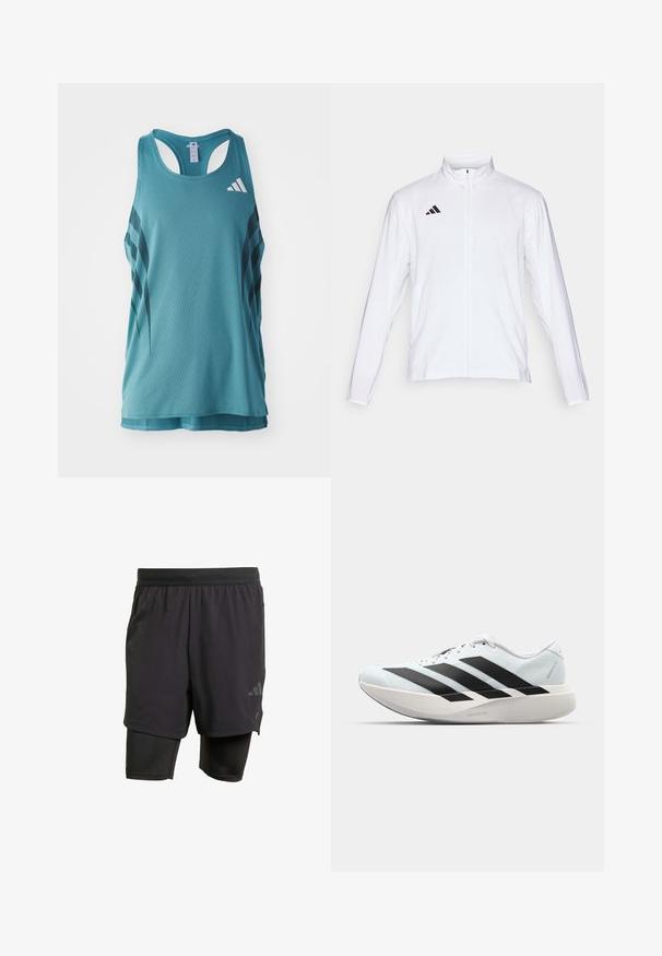 Casaco atlético branco com mangas longas, gola alta e fecho de correr completo. Apresenta o logo preto de três riscas no lado superior esquerdo.; Top desportivo em azul-teal claro, com um padrão de malha texturizada, apresentando riscas diagonais pretas e um logótipo branco no canto superior esquerdo.; Calções atléticos pretos com camada interior integrada, feitos de tecido respirável. Apresentam um logotipo subtil e textura estruturada. Cintura ajustável.; Tênis de corrida leves em azul pálido com riscas pretas. Apresentam um cabedal liso, bico redondo e uma entressola espessa branca rotulada como "LIGHTSTRIKE PRO."