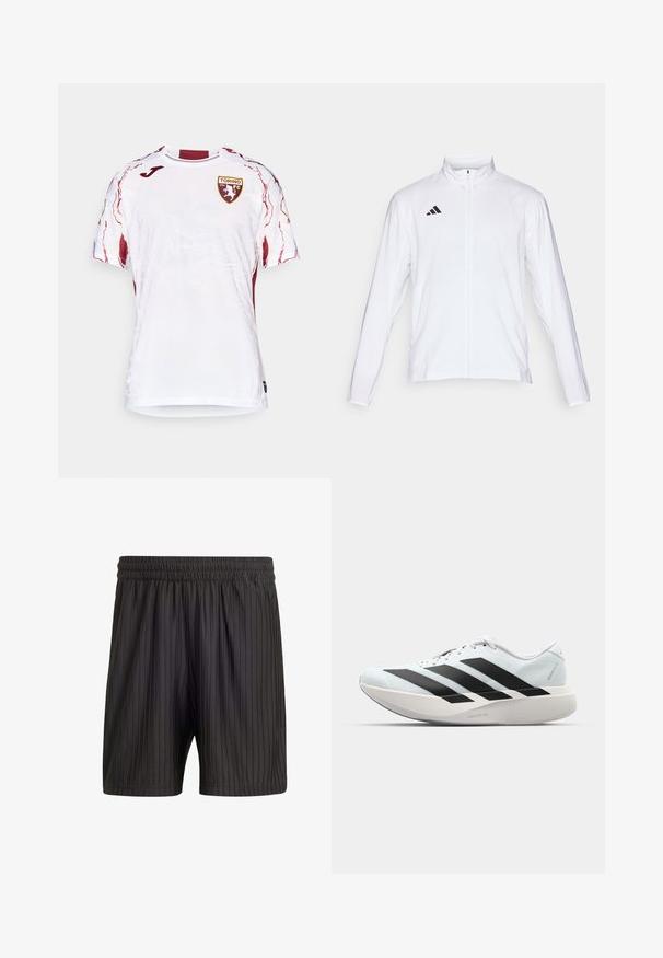 Bela atletska jakna z dolgimi rokavi, visokim ovratnikom in popolnim zadrgo. Ima črn logotip s tremi črtami na zgornji levi strani.; Bela majica s kratkimi rokavi, ki vsebuje teksturiran dizajn z maroon akcenti in emblemom Torino FC na levem prsnem delu.; Črne hlače s elastičnim pasom, ki imajo vertikalne črtice in lahkoten, teksturiran material. Dolžina do sredine stegna.; Lahki tekaški čevlji v svetlo modri barvi z belimi črtami. Imajo gladek zgornji del, okroglo kapico in debel bel srednji podplat z označbo "LIGHTSTRIKE PRO."