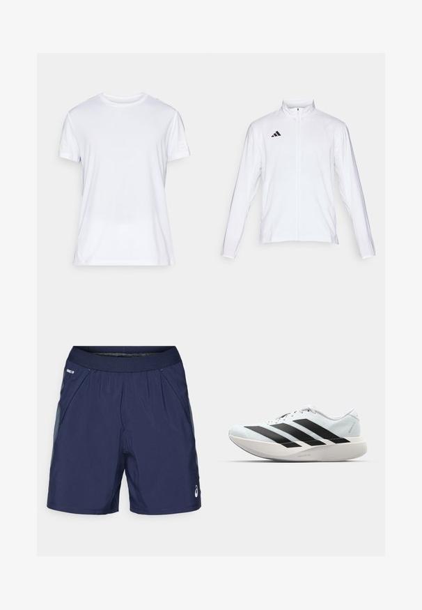 White athletic jacket with long sleeves, high collar, and full-length zipper. Features black three-stripe logo on the upper left side.; White short-sleeve t-shirt made from lightweight fabric. Features a crew neck and a subtle textured pattern. Logo printed on the sleeve.; Navy blue athletic shorts with elastic waistband, side pockets, and light gray accents. Made of lightweight, smooth fabric for comfort.; Lightweight running shoes in pale blue with black stripes. Features a smooth upper, round toe, and thick white midsole labeled "LIGHTSTRIKE PRO."