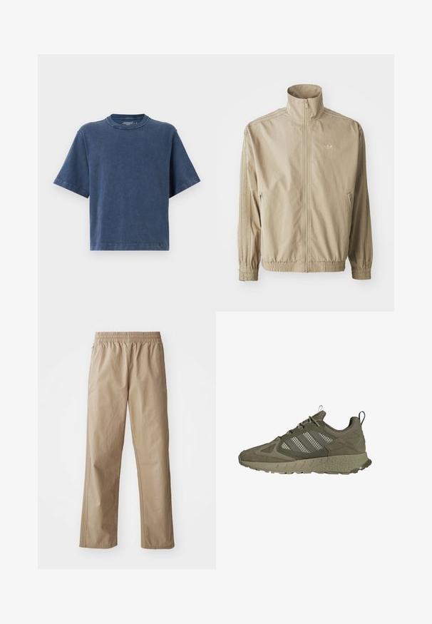 Beige szélálló dzseki magas gallérral, rugalmas mandzsettákkal és derékrésszel. Zipperes első részével és csíkozott díszítéssel a ujjakon.; Sötétkék pamut póló, kerek nyakkivágással, rövid ujjakkal és laza szabással. Sima textúra, tiszta varrási részletekkel.; Beige, könnyű, rugalmas derékú nadrág egyenes lábakkal. Oldalsó zsebekkel és diszkrét varrással rendelkezik. Sima textúra, laza dizájn.; Olíva zöld sportcipő,textúrált felsőrésszel, hálós betétekkel és három fehér csíkkal. Kerek talp, tapadós mintázattal.