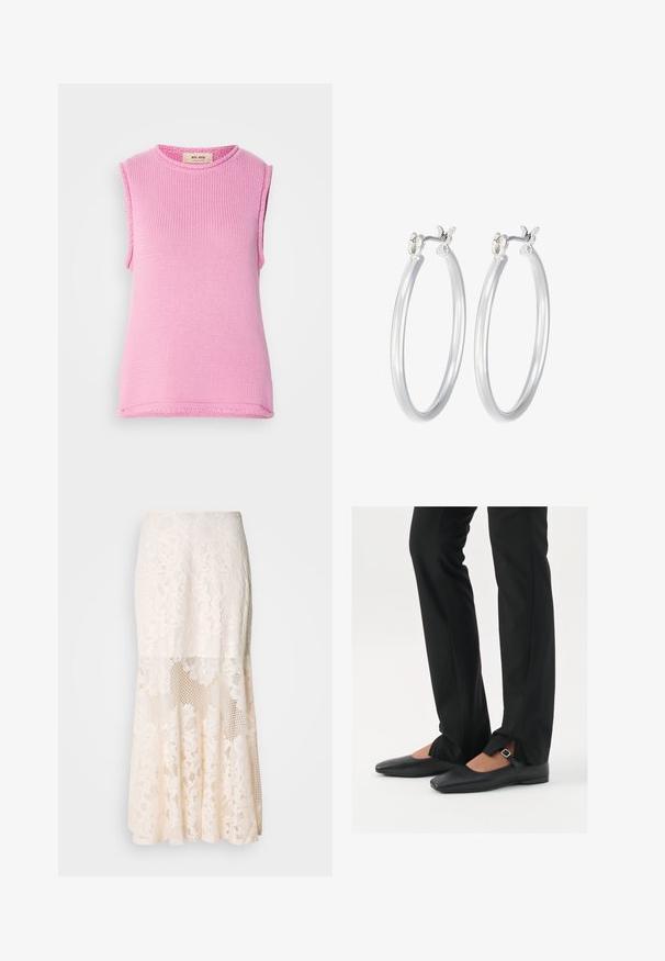 Giacca nera a bottoni con colletto, realizzata in un materiale morbido. Presenta quattro bottoni frontali, una forma squadrata e tasche laterali.; Top senza maniche in maglia di colore rosa solido, con scollatura tonda e tessuto testurizzato. L'orlo è rifinito con un sottile dettaglio bordo.; Gonna midi in pizzo floreale color crema; presenta un design a strati con sezioni trasparenti, pizzo testurizzato e un orlo svasato.; Ballerine in pelle nera con punta appuntita, cinturino con fibbia in argento, abbinate a pantaloni neri su misura con orlo a spacco.; Orecchini a cerchio in argento con una finitura liscia e lucida. Forma rotonda e chiusura a scatto sicura. Design leggero adatto per l'uso quotidiano.