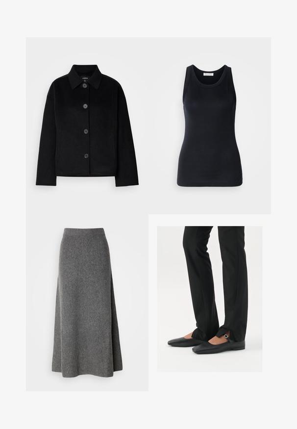 Giacca nera a bottoni con colletto, realizzata in un materiale morbido. Presenta quattro bottoni frontali, una forma squadrata e tasche laterali.; Top nero senza maniche realizzato in un tessuto morbido e elasticizzato. Caratterizzato da un collo rotondo e spalline larghe, con una vestibilità aderente e una superficie liscia.; Lindex SKIRT INA - Gonna lunga - dark grey melange; Ballerine in pelle nera con punta appuntita, cinturino con fibbia in argento, abbinate a pantaloni neri su misura con orlo a spacco.