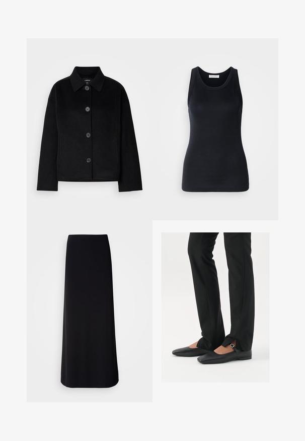 Veste noire à boutons, avec un col, fabriquée dans un matériau doux. Équipée de quatre boutons à l'avant, d'une forme carrée et de poches latérales.; Débardeur noir en tissu doux et extensible. Il dispose d'un col rond et de larges bretelles, avec une silhouette ajustée et une texture lisse.; Jupe noire longue en tissu lisse avec une silhouette droite. Présente un design simple et sans ornements, sans motifs ni embellissements visibles.; Ballerines en cuir noire avec un bout pointu, sangle avec boucle en argent, associées à un pantalon noir sur mesure avec un ourlet fendu.