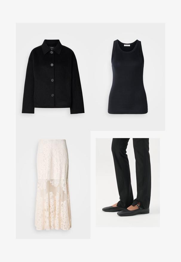 Sort button-up jakke med krave, lavet af et blødt materiale. Har fire frontknapper, en kasseformet pasform og sidelommer.; Sort tanktop lavet af blødt, strækbart materiale. Har en rund halsudskæring og brede stropper, med en tætsiddende silhuet og glat tekstur.; Blomsterdenim midi-skirt i crème; har et lagdelt design med gennemsigtige sektioner, struktureret blonder og en udfladning. ; Sorte læder balletflade sko med spids tå, rem med sølvspænde, parret med sorte skræddersyede bukser med slids i bunden.