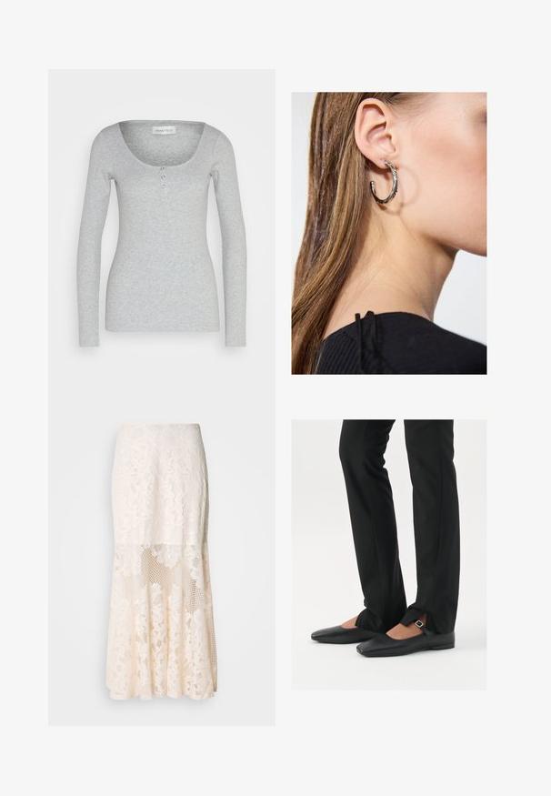 Zwarte button-up jas met een kraag, gemaakt van een zachte stof. Bevat vier knopen aan de voorkant, heeft een boxy vorm en zijzakken.; Grijs langslipshirt gemaakt van zacht, gestructureerd stof. Heeft een ronde halslijn en drie functionele knopen in het midden van de voorkant.; Kruidige kanten midi-jurk in crème; heeft een gelaagd ontwerp met doorschijnende secties, gestructureerd kant en een uitlopende zoom.; Zwarte leren balletschoenen met een puntige neus, bandje met een zilveren gesp, gecombineerd met zwarte nauwsluitende broek met een zijsplit.; Zilveren oorbel met een gepolijste afwerking, met kleine gouden accentdetails en een ronde vorm, gedragen op de oorlel.