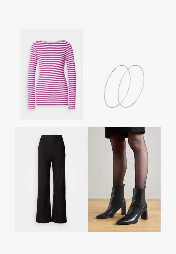 Melna pogājama jaka ar apkakli, izgatavota no mīksta materiāla. Iespējas ietver četras priekšējās pogas, kvadrātveida formu un sānu kabatas.; Ilgi piedurkņu T-krekls ar pieguļošu formu, izgatavots no mīkstas kokvilnas. Ar horizontālām rozā un baltām svītrām un plašu izgriezumu.; Melni platlegu bikses ar gludu tekstūru, augsto vidukli un tīru dizainu. Nav redzamu kabatu vai rotājumu.; Melni ādas potīšu zābaki ar izdilušu purngala formu, masīvu kvadrātveida papēdi un elegantu dizainu. Iekļautas elastīgas sānu paneļi, kas nodrošina ērtu uzvilkšanu.; Sudraba gredzenveida auskari ar minimālistisku dizainu. Cirkulāra forma, gluda tekstūra un plāns profils. Vieglu svaru ar spīdīgu apdari.