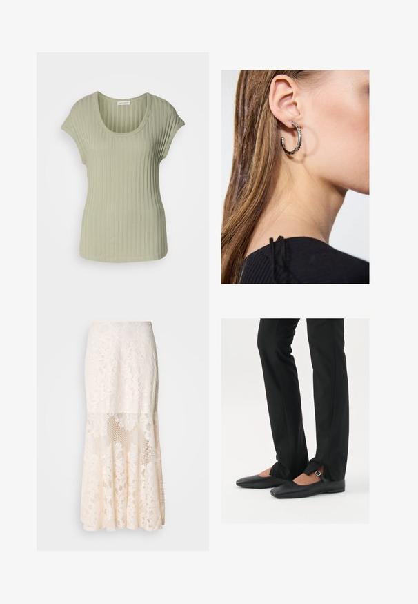Black button-up jacket with a collar, made from a soft material. Features four front buttons, a boxy shape, and side pockets.; Light green ribbed short-sleeve top with a scoop neck, featuring a soft texture and fitted design. Made of stretchable fabric for comfort.; Floral lace midi skirt in cream; features layered design with sheer sections, textured lace, and a flared hem.; Black leather ballet flats with a pointed toe, strap with silver buckle, paired with black tailored pants featuring a slit hem.; Silver hoop earring with a polished finish, featuring small gold accent details and a round shape, worn on the lobe.