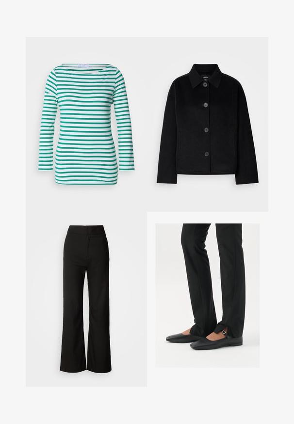 Black button-up jacket with a collar, made from a soft material. Features four front buttons, a boxy shape, and side pockets.; Striped long-sleeve top in white and green, featuring horizontal stripes, a boat neckline, and a fitted design. Soft fabric texture.; Black wide-leg trousers with a smooth texture, high waist, and a clean design. No visible pockets or embellishments.; Black leather ballet flats with a pointed toe, strap with silver buckle, paired with black tailored pants featuring a slit hem.