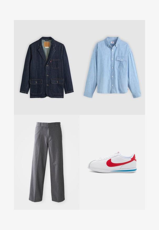 Mørk denimblazer med spiss krage, tre knapper, to store frontlommer og en brystlomme. Syede detaljer og innvendig etikett synlig.; Lyseblå skjorte med knapper laget av chambray-stoff. Har krage, lange ermer og en brystlomme med klaff og knapp.; Grå stribede vide bukser med bæltesløjfer, flad front og lige kanter, vist mod en hvid baggrund.; Hvite joggesko med røde detaljer, med en glatt lær-overdel, rund tå og blå såle. Snøring med synlige sømmer.