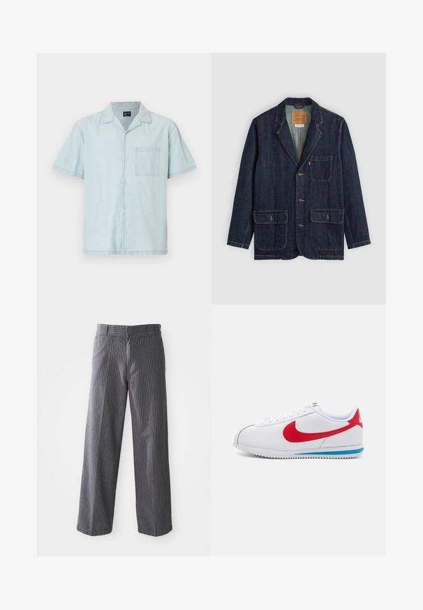 Dunkelblauer Denim-Blazer mit Reverskragen, drei Knöpfen, zwei großen Fronttaschen und einer Brusttasche. Gestickte Akzente und das Innenlabel sind sichtbar.; Helles blaues kurzärmliges Hemd aus leichtem Stoff, mit einem klassischen Kragen, Knöpfen vorne und einer linken Brusttasche.; Graue Fensterpaneel-Hose mit weitem Bein, Gürtelschlaufen, flachem Vorderteil und geraden Säumen, vor einem weißen Hintergrund dargestellt.; Weißer Sneaker mit roten Akzenten, mit einem glatten Lederobermaterial, runder Zehenform und blauer Sohle. Schnürdesign mit sichtbaren Nähdetails.