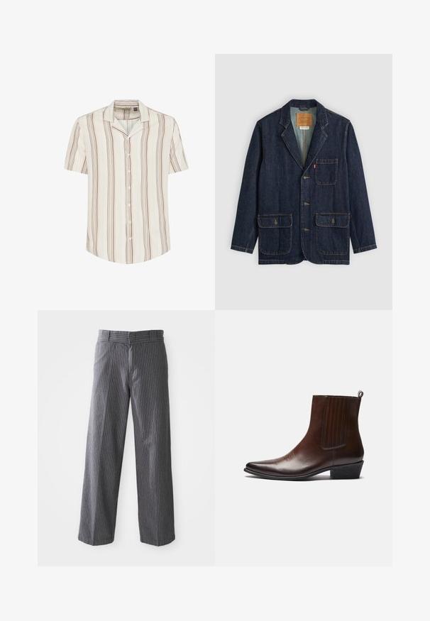 Dark denim blazer with a notched lapel, three buttons, two large front pockets, and a chest pocket. Stitched accents and interior label visible.; Short-sleeve button-up shirt in light cream with vertical brown and muted yellow stripes. Soft fabric with a relaxed fit and a collar.; Gray pinstripe wide-leg trousers with belt loops, flat front, and straight hems, shown against a white background.; Brown leather ankle boot with a pointed toe, elastic side panels, textured detailing on the front, and a low stacked heel.