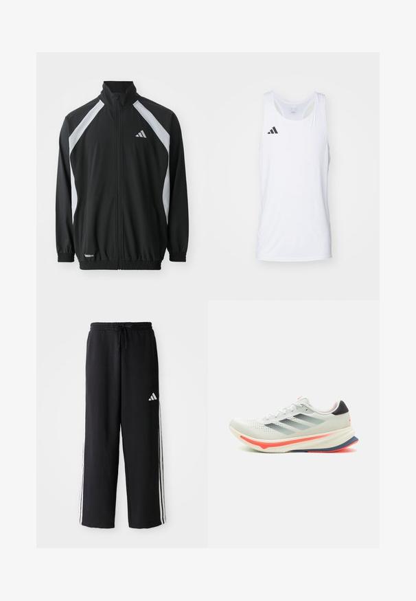 adidas Performance TECH - Trainingsvest - black/halo silver-coloured; Witte mouwloze sport tanktop van lichtgewicht stof, met het zwarte Adidas-logo op de linkerborst en een ronde halslijn.; Zwarte Adidas trainingsbroek met witte drie-strepen detail aan de zijkanten, elastische tailleband met trekkoord en het Adidas-logo op de rechter bovenbeen.; adidas Performance SUPERNOVA RISE - Hardloopschoenen voor op de weg - crystal jade/carbon/solar red