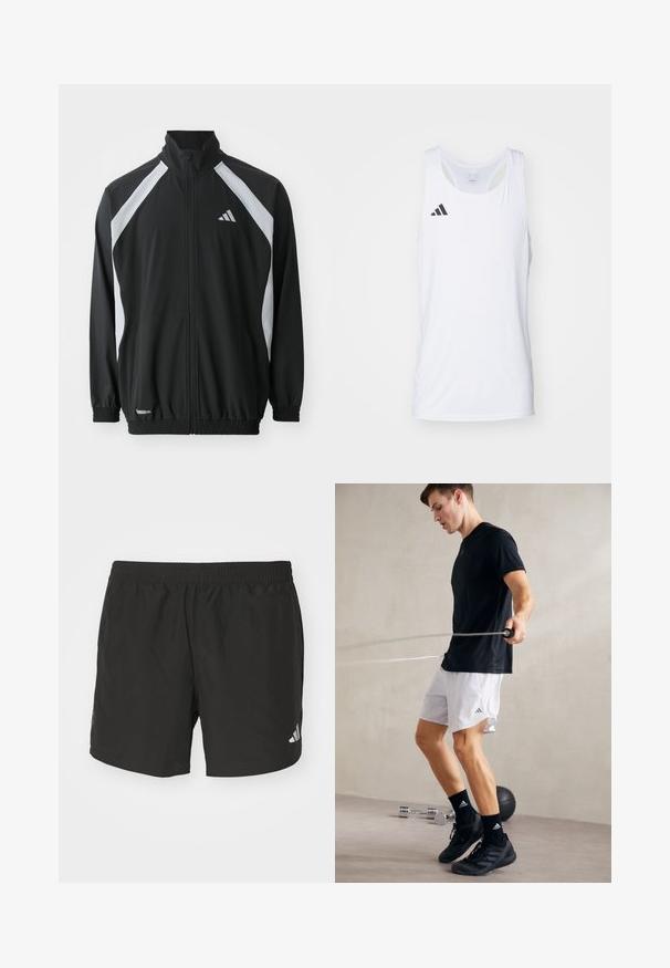 adidas Performance TECH - Trainingsvest - black/halo silver-coloured; Witte mouwloze sport tanktop van lichtgewicht stof, met het zwarte Adidas-logo op de linkerborst en een ronde halslijn.; Zwarte sportieve shorts met een elastische tailleband, zijsplits en reflecterende logo-accenten. Gemaakt van lichte, gladde stof.; Zwart sport T-shirt en witte shorts met zijsplitten. De persoon springt touw, met zwart sportief schoeisel en sokken, op een gladde vloer.