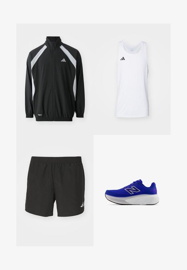 adidas Performance TECH - Träningsjacka - black/halo silver-coloured; Vit ärmlös träningströja gjord av lättviktsmaterial, med svart Adidas-logga på vänster bröst och rundad halsringning.; Svarta träningsshorts med elastisk midja, sidoklyftor och reflekterande logotypdetaljer. Tillverkade av lätt och mjukt tyg.; Lila träningsskor med andningsbart meshupp, krökt vit mellansula och svart yttersula. Silverfärgad logotyp på sidan.