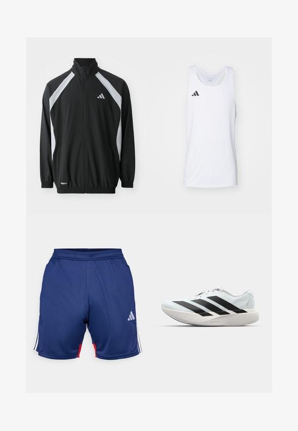 adidas Performance TECH - Sportovní bunda - black/halo silver-coloured; Bílý bezrukávový sportovní top vyrobený z lehkého materiálu, s černým logem Adidas na levé hrudi a výstřihem ve tvaru lodi.; Námořnické modré sportovní šortky s bílými a červenými akcenty, vybavené pružným pásem a logem Adidas na spodní straně. Hladká textilie.; Lehké běžecké boty v světle modré barvě s černými pruhy. Mají hladký svršek, kulatou špičku a silnou bílou mezipodešev označenou "LIGHTSTRIKE PRO."