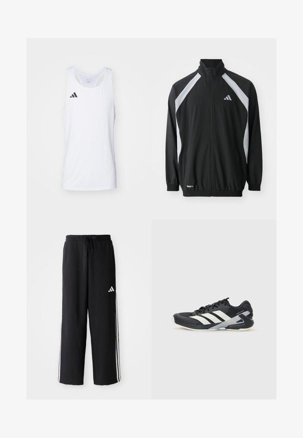 adidas Performance TECH  - Treniņjaka - black/halo silver-coloured; Balts bez Piedurkņu sporta topiņš, izgatavots no viegla auduma, ar melnu Adidas logotipu kreisajā krūtī un izgriezumu ar izteiksmīgu formu.; Melni Adidas sporta bikses ar baltām trīs svītrām sānos, elastīga jostasvieta ar auklu un Adidas logo labajā augšstilbā.; Melnas sporta kurpes ar baltām svītrām, acs augšdaļa, noapaļots pirksts un mīksts zole. Iespējams ar teksturētu papēdi un drošu šņoru sistēmu.
