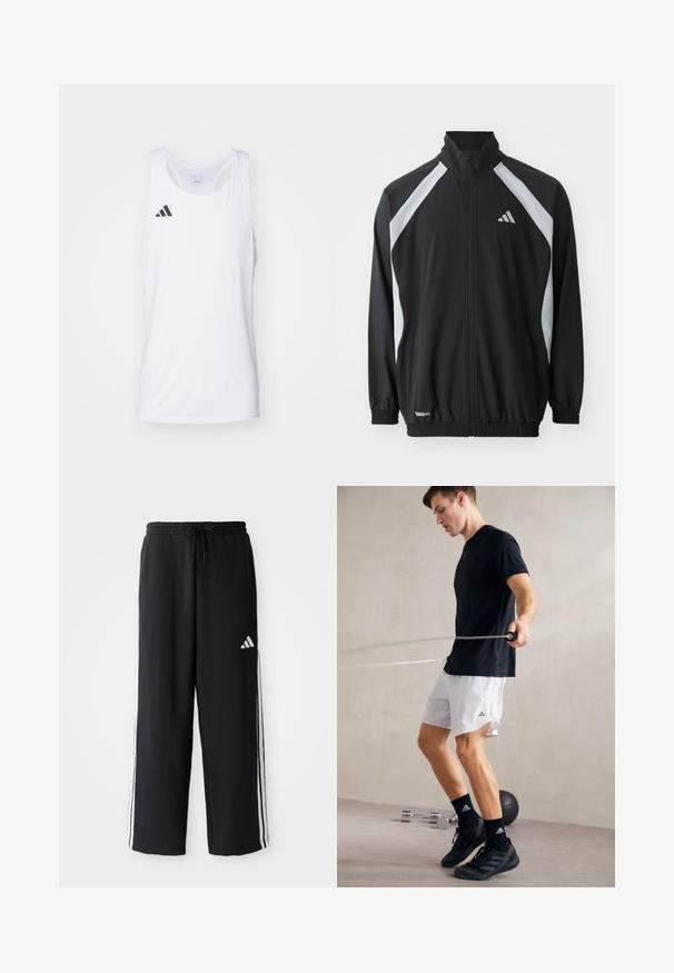 adidas Performance TECH  - Träningsjacka - black/halo silver-coloured; Vit ärmlös träningströja gjord av lättviktsmaterial, med svart Adidas-logga på vänster bröst och rundad halsringning.; Svarta Adidas joggingsbyxor med vita tre-sträck detaljer på sidorna, elastisk midja med snörning och Adidas-logga på höger lår.; Svart atletisk t-shirt och vita shorts med sidoflikar. Personen hoppar hopprep, iförd svarta sneakers och strumpor, på ett jämnt golv.