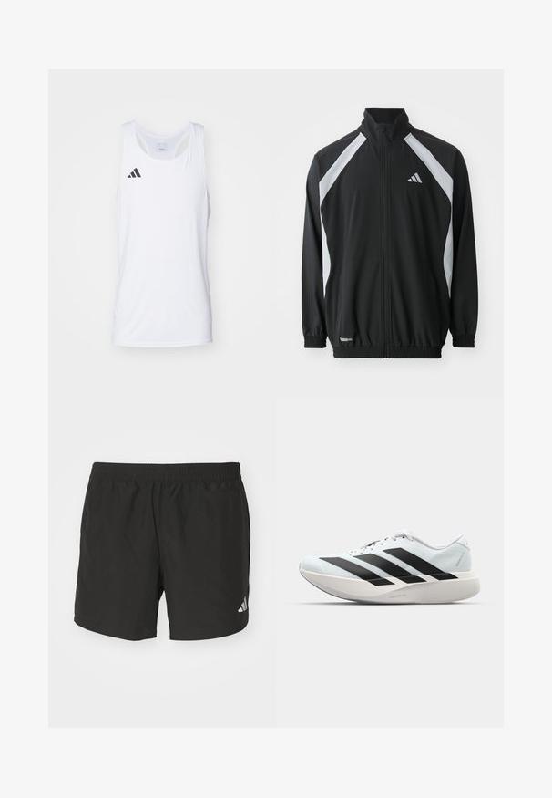 adidas Performance TECH - Giacca sportiva - black/halo silver-coloured; Canotta atletica bianca senza maniche realizzata in tessuto leggero, con il logo Adidas nero sul lato sinistro del petto e scollatura a girocollo.; Pantaloni corti sportivi neri con vita elastica, fessure laterali e dettagli riflettenti del logo. Realizzati in un tessuto leggero e liscio.; Scarpe da corsa leggere di colore azzurro pallido con strisce nere. Presentano una tomaia liscia, punta rotonda e un'ampia intersuola bianca etichettata "LIGHTSTRIKE PRO."